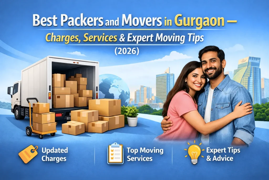 Best packers and movers in Gurgaon showing moving truck, household shifting boxes and professional relocation services